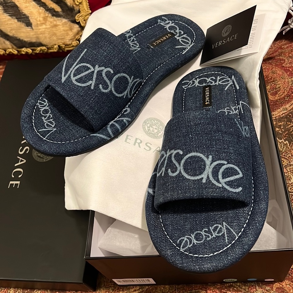 Versace logo denim mules authenticated